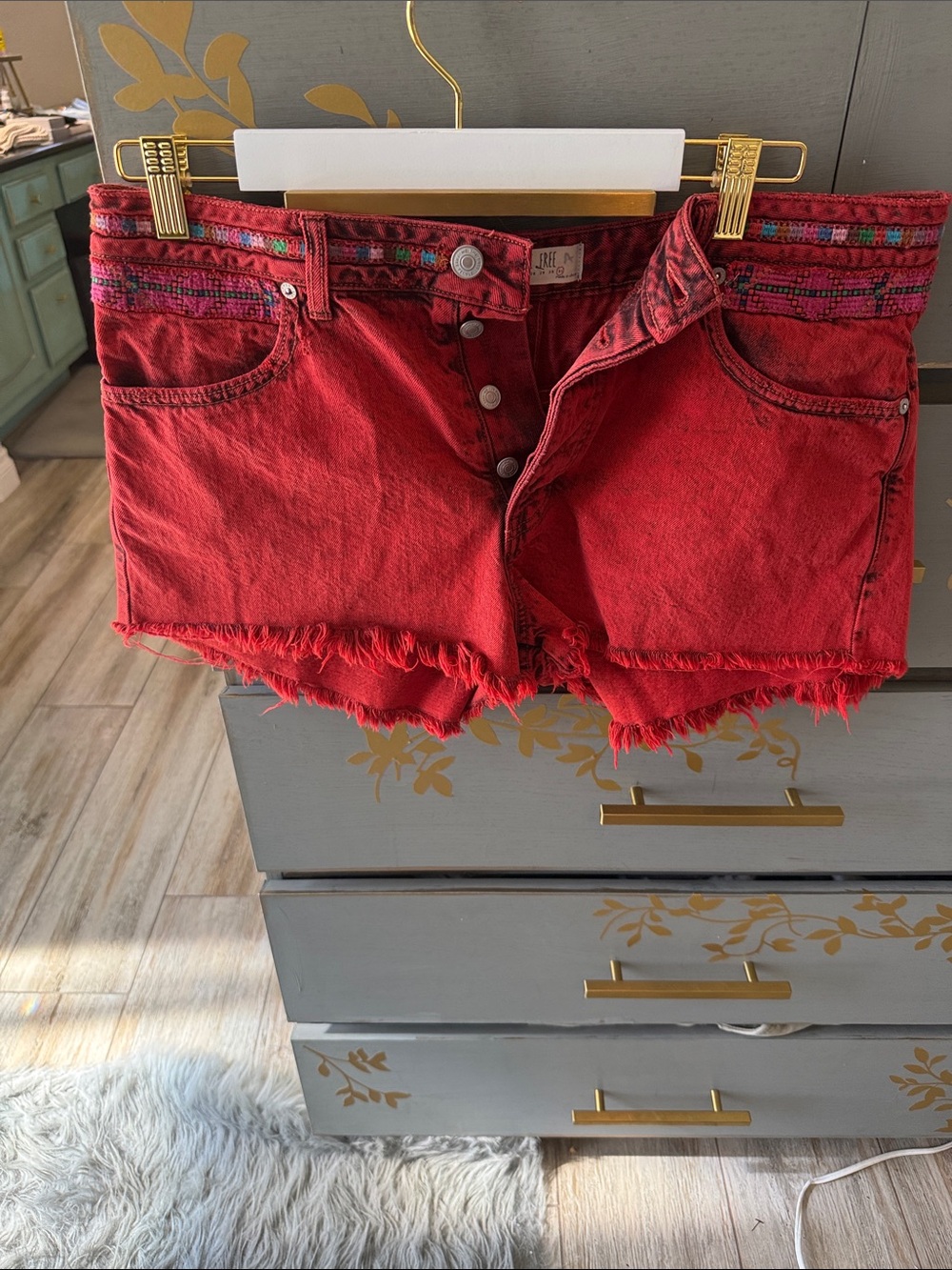 Free People Red Frayed Button-Front Denim Shorts with Embroidered Waist